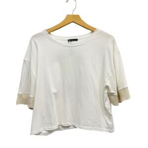 Zara Boat Neck Elbow Sleeve Cotton Cropped Tee size Medium